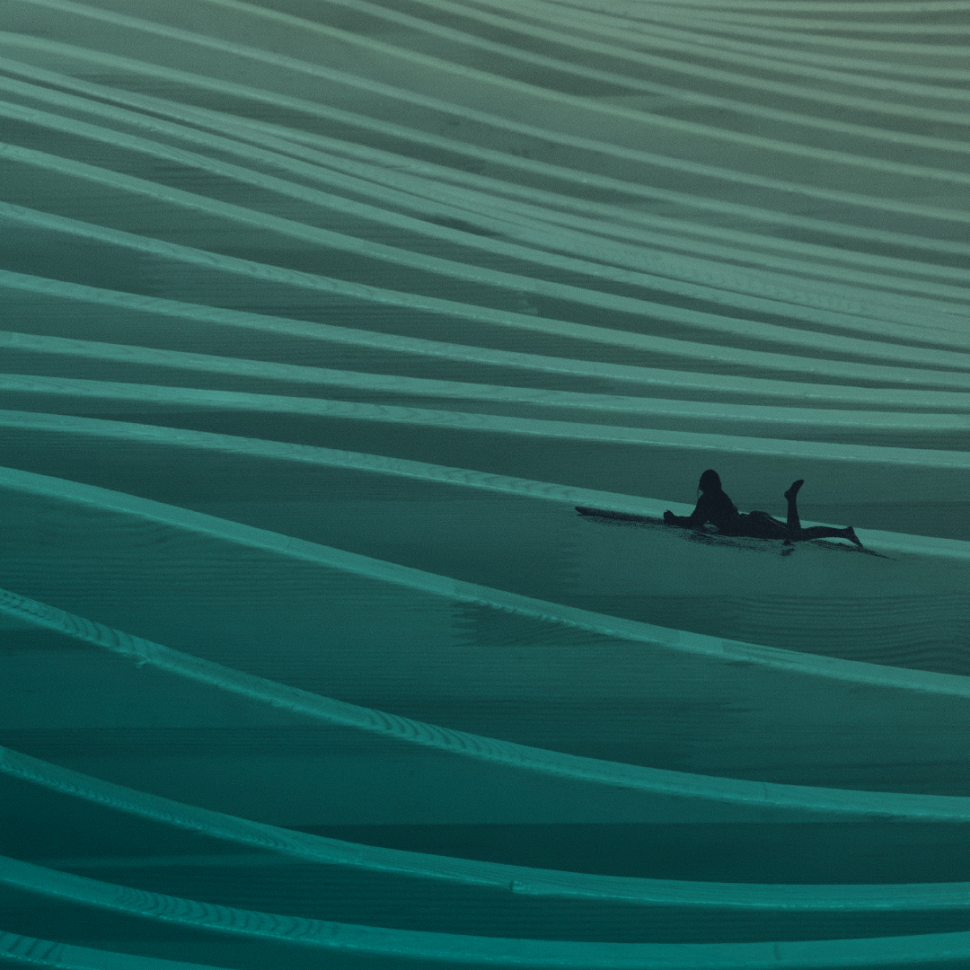 Illustration of surfer on waves.