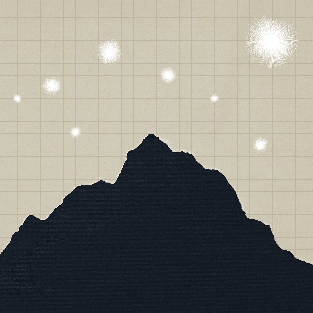 Illustration of mountains under stars.