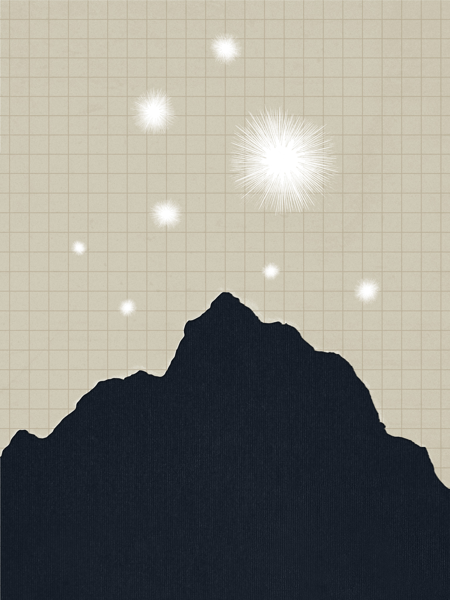 Illustration of mountains under stars.