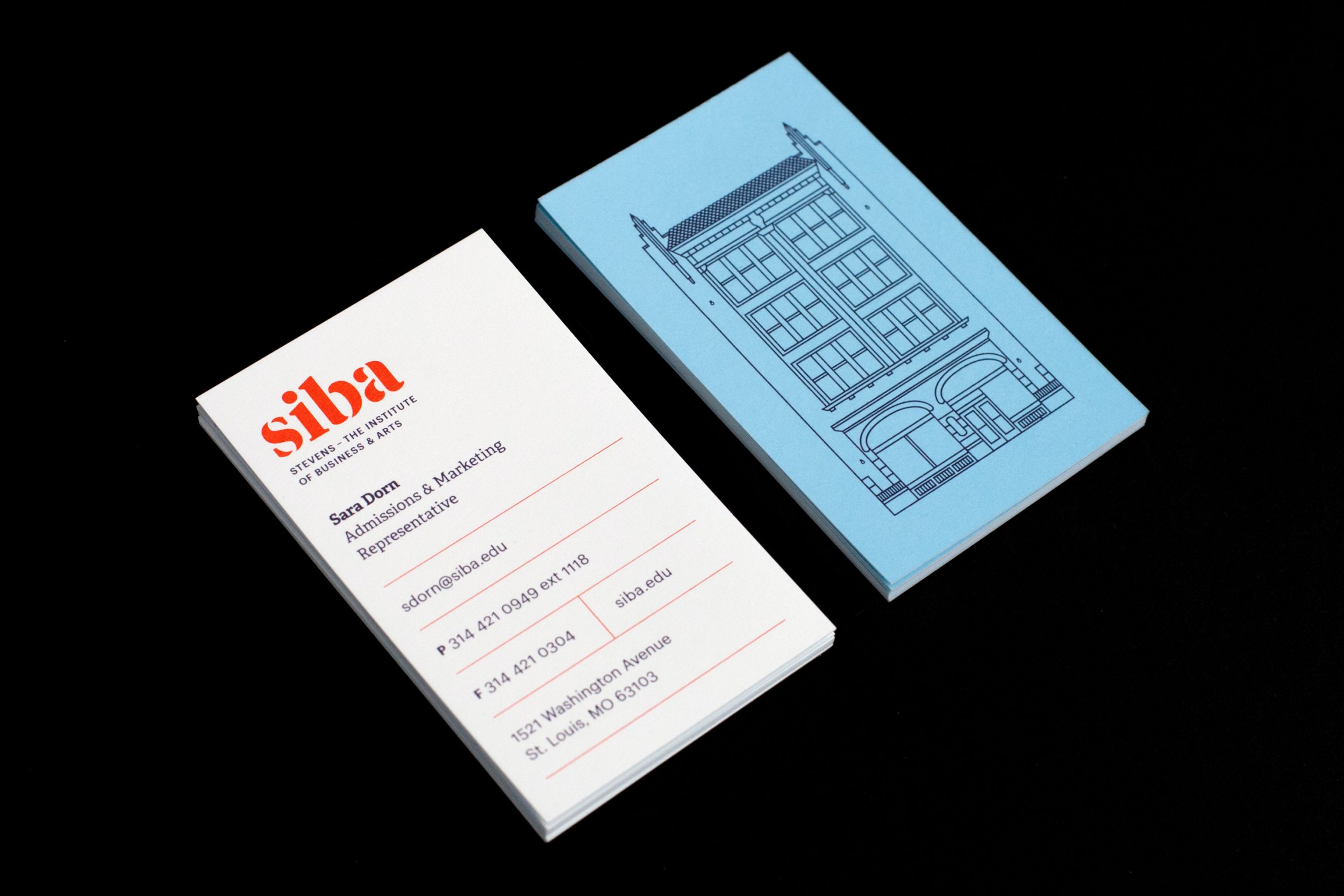 Business cards for college administrator; Stevens Institute of Business and Arts.