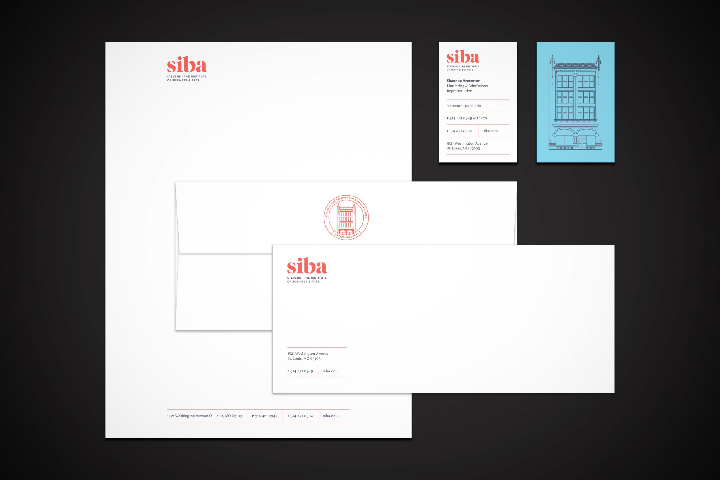 Branded stationary and business card; Stevens Institute of Business and Arts.