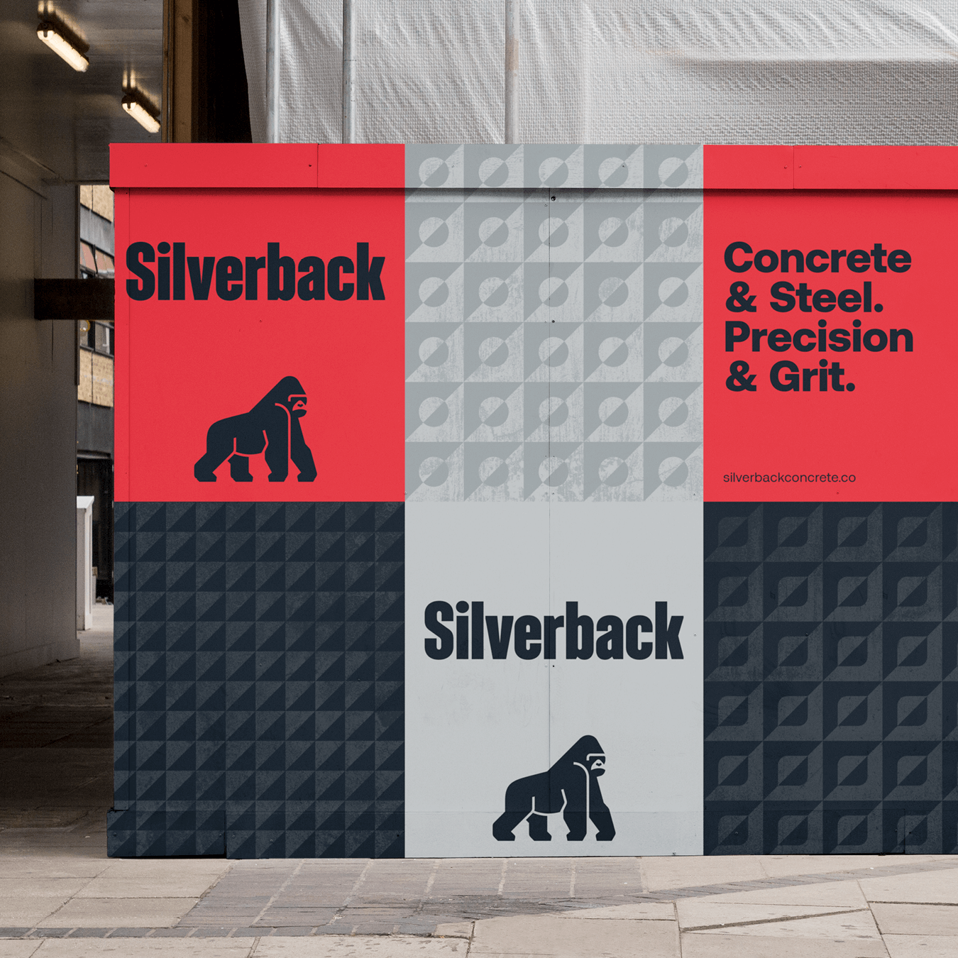 Branded temporary fence signage; Silverback Concrete.